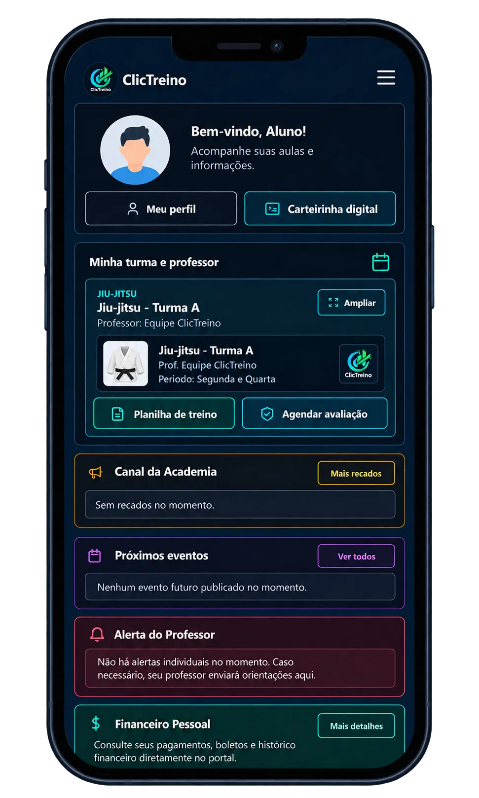 Portal real do aluno ClicTreino adaptado ao celular com dados fictícios